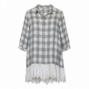 SOFT SURROUNDINGS - Gray Plaid Button Front Top with Lace Detail Bottom